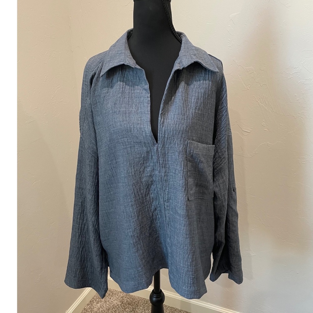 Max Studio London Blue Crinkle Roll Tab V-Neck Tunic Blouse XL 5701U35 NEW